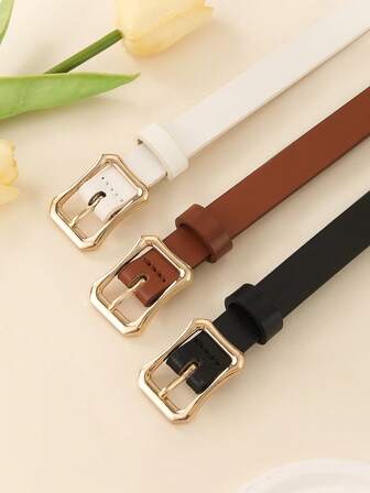 3pcs Vintage Square Buckle PU Leather Women's Belt, Casual Fashionable Elegant Minimalist Versatile Belt, Suitable For T-Shirt/Dress/Shorts, Suitable For Daily Commute Outfit