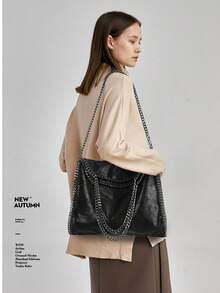 1PC Women's Faux Leather Large Handbag With Stacked Chain Detail, Stella-Inspired Shoulder Bag/Shopper, 2025 New European-American Fashion, Ideal For Daily Use & Party - 黑色 - 查看 4