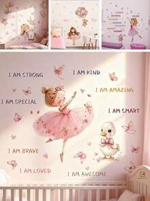 1 Sheet Cute Ballet Girl Wall Stickers - Duck Butterfly And Inspirational Quotes I AM STRONG KIND AMAZING SPECIAL BRAVE, Removable Nursery Decals For Kids Room Pink Theme Room Decor Easy Apply,Halloween Christmas Gift,Peel And Stick Wall Art - Multicolor - View 3