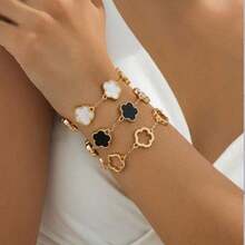 1 Set Brățară Clasică cu Trifoi Norocoasă Albă și Neagră, Set Brățară cu Trifoi Gol Auriu pentru Femei