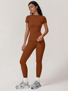 Yefecy 2 Pieces Women's Workout Tracksuit Set - Comfy Solid Round Neck Tee & High Waist Yoga Leggings, Sporty Gym Clothing For Running, Athletic Summer Sportswear Outfits - Brown - View 3