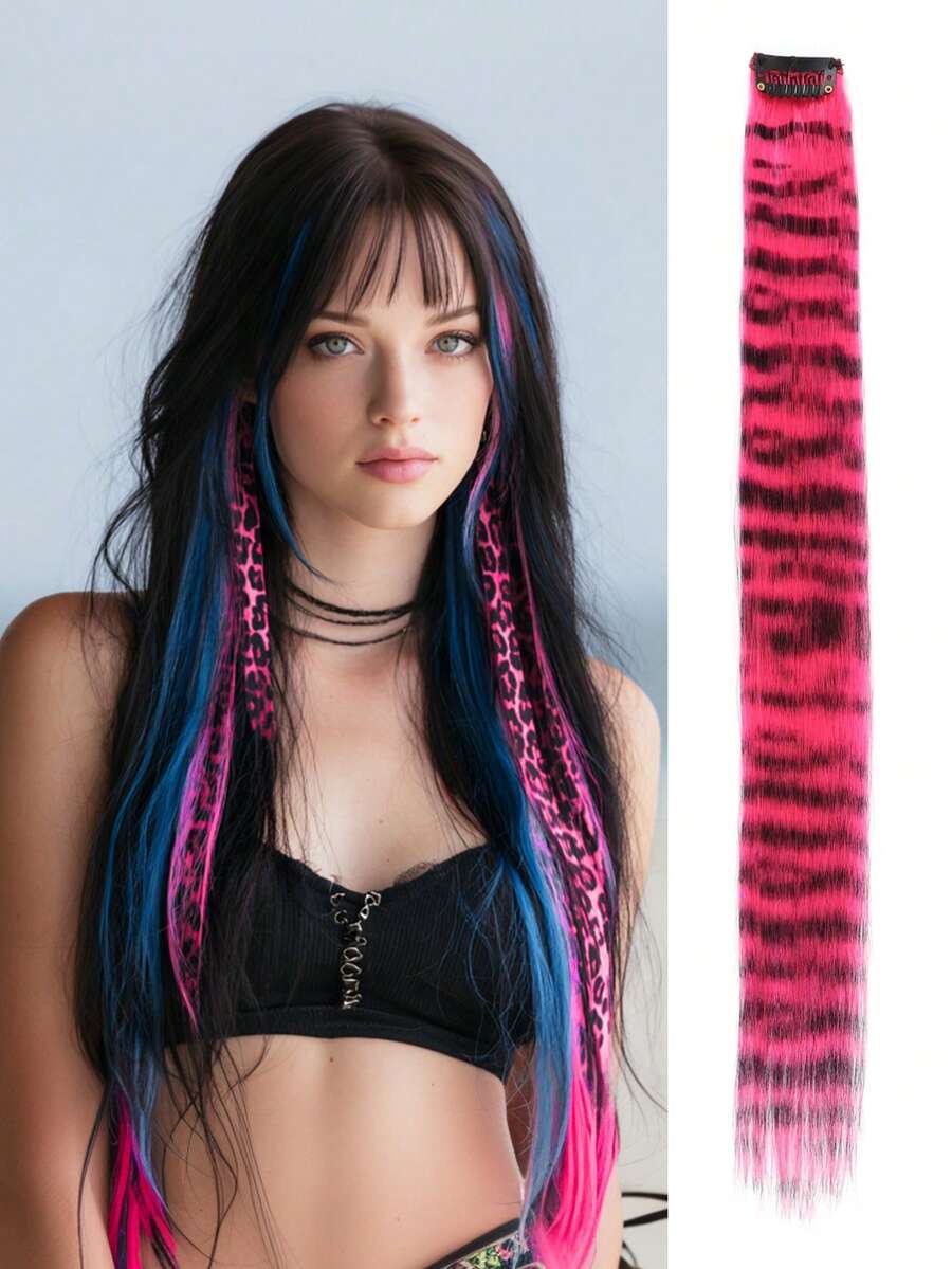 Tóc giả kẹp tổng hợp một mảnh in họa tiết Eopard nhiều màu sắc cho tiệc Halloween - Màu Hồng Tươi - Xem 1
