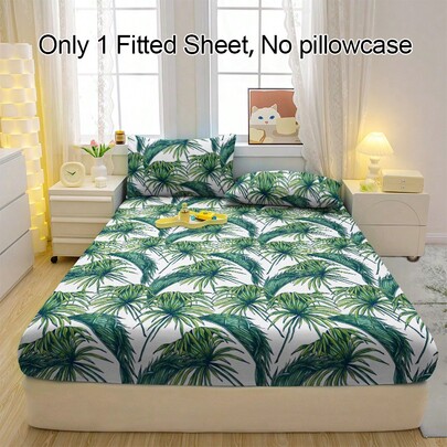 1pc Breathable Palm Leaf Pattern Fitted Fitted Sheet, Soft & Comfortable Mattress Cover For Bedroom, Guest Room And Dorm, Mattress Protector, Bedding (Pillow Case Not Included)