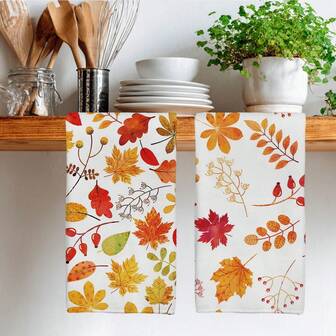 2 件秋叶图案厨房巾，超柔软超细纤维 40*60 厘米厨房巾、洗碗布，完美的乔迁和家庭聚会礼物，厨房洗碗布和毛巾，厨房毛巾家居装饰