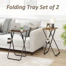 Juego de 2 Mesa Plegable Pequeño, Bandejas de TV Plegable Portátil, Mesa Auxiliar Plegable Servicio para Sala, Cama, Sofá, Mesa de Bandeja de Cena de TV Plegable con Soporte para Tazas - Marrón - Ver 6