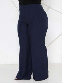 Plus Size Fashion Long Pants Without Belt And Pockets Without Belt - Azul Marinho - View 3