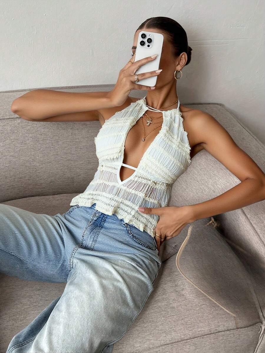 QIANZHIDU Damen Pure Desire Stil Heißer Mädchen Sommer Textur Sinn Ausgehöhlte Textur Sinn Rückenfrei Träger Top Plissee Modisch und Sexy Lässig Strand Urlaub Halloween Weihnachten Weste