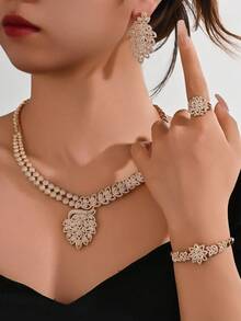 4pcs Luxury Bridal Jewelry Set For Women, Includes Zirconia Necklace And Earrings, Suitable For Middle Eastern Dubai Wedding And Party