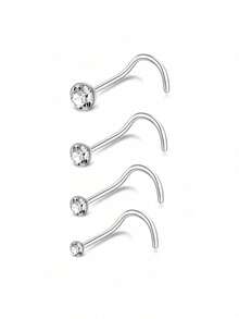 4pcs Stainless Steel Oxidized Cubic Zirconia Nose Studs, L-Shaped Nose Rings, Round CZ Nose Hoop Set