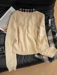 Korean Style 2 In 1 Apricot Knit Cardigan, Plaid Bow Decor Sweater Jacket, Suitable For Winter, Christmas, Spring Festival New Year - Apricot - View 6