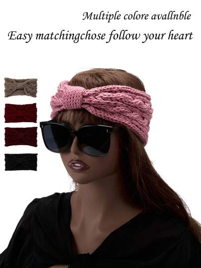 1pc Knitted Bowknot Headband For Women, Solid Color With Sequins & Pearls, Versatile For Outdoor & Indoor Wear, Autumn/Winter