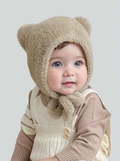 1 件装婴儿纯色可爱猫耳保暖针织帽带护耳帽，男女通用