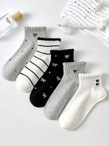 5 Pairs Women's Cute Breathable Striped Bow Polka Dot Pattern Short Invisible Socks, Ankle Socks Crew Socks, Christmas Gift, White Socks, Black Socks For Daily & Casual Wear, Suitable For Fall&Winter, For All Seasons - 彩色 - 查看 9