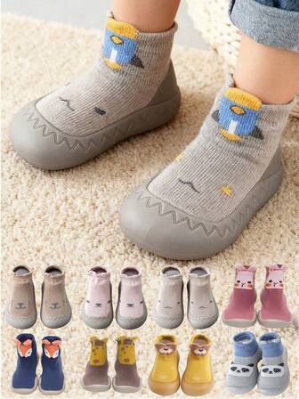1คู่ ถุงเท้าเด็กกันลื่นลายการ์ตูนสัตว์สำหรับเด็กชายและเด็กหญิง ถุงเท้าเด็กหัดเดิน