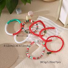 Set de 7 piezas/paquete de pulseras elásticas de cuentas de arcilla suave con diseño bohemio de Navidad en rojo, blanco y verde - Colgante de Papá Noel, árbol de Navidad, cuentas con letras, pulsera de , pulsera para compartir en familia (color aleatorio - sin tarjeta)