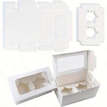 50White Paper Cupcake Boxes With 2 Cavity Cookie Gift Boxes With Clear Window, 2 Cupcake Containers, Birthday Party Cake Box, - White - View 1