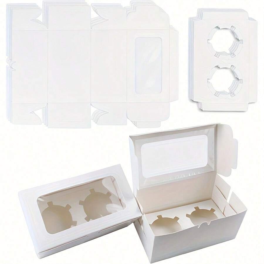 50White Paper Cupcake Boxes With 2 Cavity Cookie Gift Boxes With Clear Window, 2 Cupcake Containers, Birthday Party Cake Box, - White - View 1