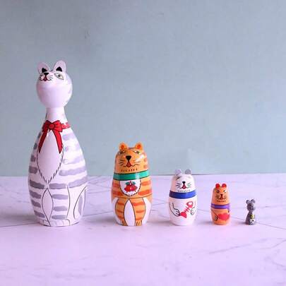 5-Layer White Grey Striped Long Neck Cat Nesting Dolls,Wooden Cartoon Animal Doll,Fun; Wood Painting Handicrafts,Gift For Children's Day ,Minimalist Christmas Gift