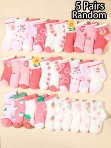 5双装，适合婴幼儿和儿童，印有可爱卡通动物图案——蝴蝶、兔子、爱心和花朵。图案有趣独特，亲肤柔软。百搭中筒袜，适合日常穿着、节日礼物或旅行。颜色和款式随机发货 - 彩色 - 查看 7
