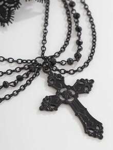 1pc Gothic Style Black Lace Choker Necklace With Cross Pendant & Tassels, Vintage Fashion Collar Necklace