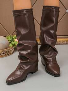 女士棕色粗跟过膝长靴，中筒纯色时尚百搭裤靴，褶皱长筒秋冬新款时尚靴，新款堆堆靴，派对靴 - 棕色 - 查看 5