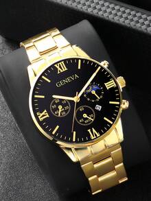 4pcs/Set Men's Business Casual Watch With Calendar, PU Leather & Alloy Strap, Gold/Silver Case, Suitable For Daily, Business, Birthday Party, Travel, Running