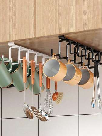 1 pieza Estante de almacenamiento de tazas con ganchos, puede almacenar 6/3 tazas con 12/6 ganchos, estante de almacenamiento montado en la pared con pegatinas auxiliares, soporte de almacenamiento para gabinete de cocina, accesorio de almacenamiento ahorrador de espacio, espátula, paño, taza, batidor de huevos, organizador de espacio, regalo