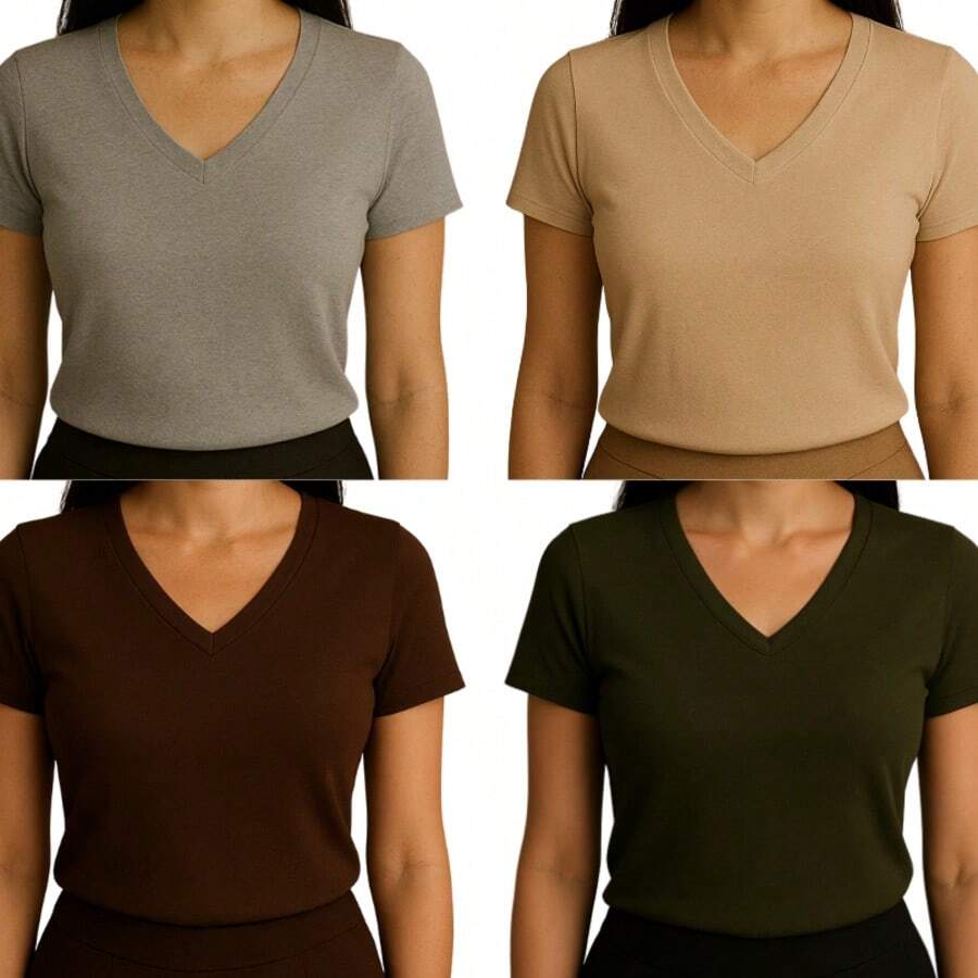 Kit Of 4 Basic V-Neck Short Sleeve Ribbed Blouses - Beige, Military Green, Brown, Gray - View 1