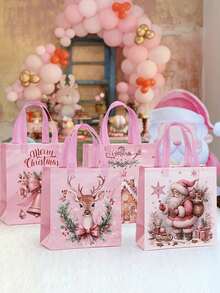 4/8 pièces Sacs fourrés roses de Noël avec poignées, motif de Père Noël, d'élan et de cloche, sacs cadeaux réutilisables, sacs de courses, sacs non tissés, sacs de faveurs de fête, décorations de Noël festives pour la maison, cadeaux de Noël 2025, emballages de Nouvel An 2026 (quatre motifs)