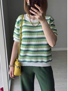 GIGOGOU Nueva camiseta de mujer de verano con mangas cortas, rayas, tejido de punto y calada