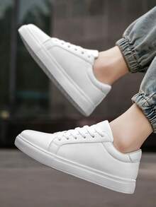 (尺码偏小)男士极简系带运动滑板鞋,时尚纯白运动鞋,学生休闲户外鞋 - 白色 - 查看 8