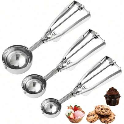 3pcs Ice Cream Scoops Set, Premium Cookie Scoop, Small/Medium/Large Stainless Steel Scoops, Professional Ice Cream Scoop With Trigger Release, For Baking, Cookies, Fruits And Ice Cream