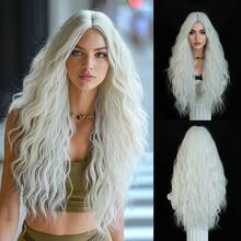PIAOYUN 万圣节服装假发与长波浪卷发白色女士假发自然分叉合成假发日常使用耐热派对假发 - 白色 - 查看 9