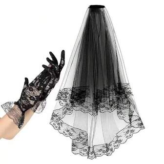 Black Wedding Veil, Lace Wedding Veil, Halloween Costume, Veil And Comb Short Gloves Play, Black Lace Veil, Lace Gloves, Bride Veil, Gothic Style Outfit