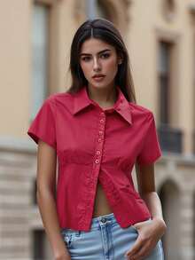 Women's Plaid Shirt Button-Up Short Sleeve Collared Slim Fit Casual Summer Blouse Tops - 紅色 - 查看 5