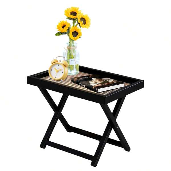 Conjunto de Bandeja de Bambu e Mesa Dobrável para Jardim - Mobília Versátil para Área Externa, Pátio e Jantar no Quintal (Preto, 40cm x 30cm)