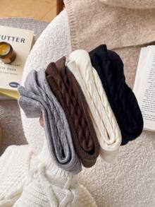 4 Pairs Women's Vintage Fashion Cable Knit Mid-Calf Socks, Warm Soft Casual Boat Socks, Suitable For Daily Wear And Outings, Autumn/Winter Season - Multicolor - View 3