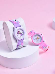 2件套 女孩卡通独角兽3D软硅胶表带石英表，儿童创意动物图案模拟腕表 - 彩色 - 查看 9