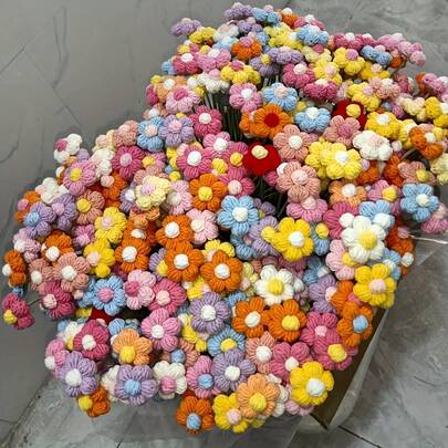 50pcs Crochet Flower Appliques - Handmade Knitted Yarn Flowers In Assorted Colors (Pink, Yellow, Orange, Purple, Green) For DIY Crafts, Hairbands, Hats & Clothing Accessories, Crochet Supplies