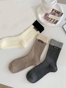 1/3 双女式棉质拼色徽标中筒袜，时尚日常穿着
