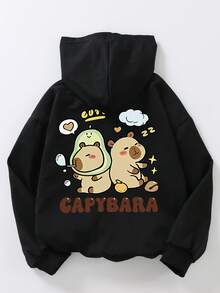 Girls' Hooded Sweatshirt With Capybara Print On Back, Suitable For Back To School Season And Casual Autumn/Winter Jacket, Machine Washable, Comfortable For Everyday Wear, Fashionable Design For School, Vacation, Shopping, And Sports - Black - View 9