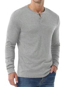 Men's Henley Long Sleeve Casual Classic Button Pullover Tee - Styles - Gray - View 3