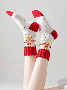 1 Pair Women's Cartoon French Fry Pattern Comfortable Soft Cute Mid-Calf Socks - Multicolor - View 6