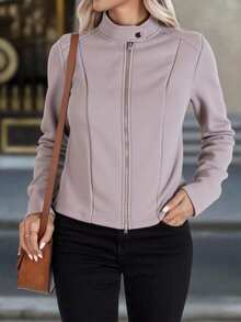 Chamarra invierno dama mujer corte corto tejido polar textura suave caliente calientito botones bolsillos manga larga cuello camisero recto casual día noche festival comida cena calle otoño invierno - Taupe - Ver 1