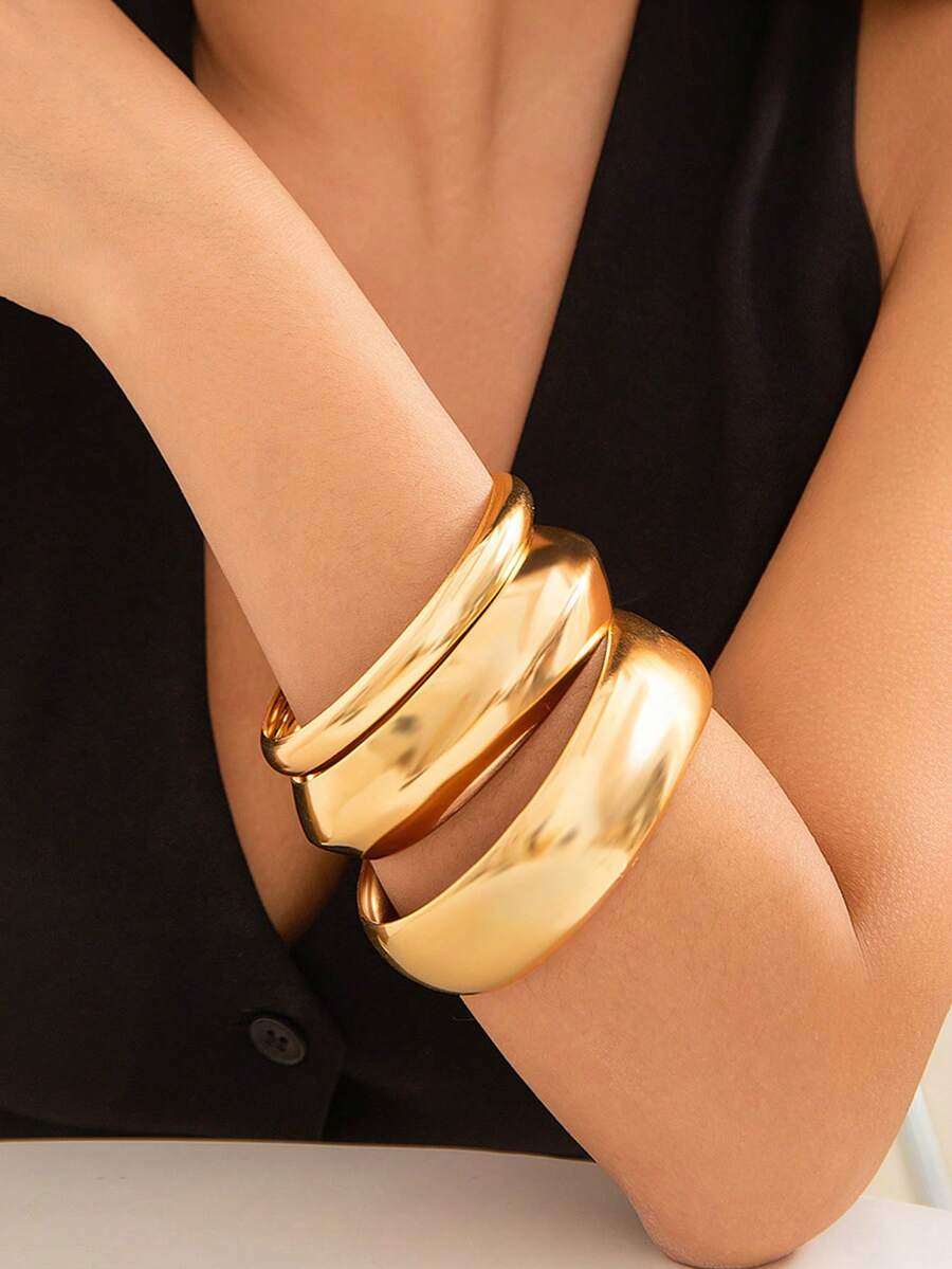 3pcs Minimalist Fashion Curved Bangle Bracelets, Women Wide Multi-Layer Stacking Bracelets