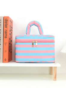 1pc Striped Portable Cosmetic Bag With Handle, Large Capacity Travel Toiletry Organizer With Zipper Closure, Cute Makeup Bag For Women And Girls With Compartments, Travel Cosmetic Bag With Zippered Mesh Pocket And Adjustable Dividers Toiletry Bag, Perfect For Daily Use, Dorm Or Holiday Travel Make Up Bag - Multicolor - View 4