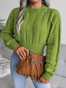 Women's Casual Crew Neck Cable Knit Waist Cinched Long Sleeve Cropped Pullover Sweater, Autumn/Winter