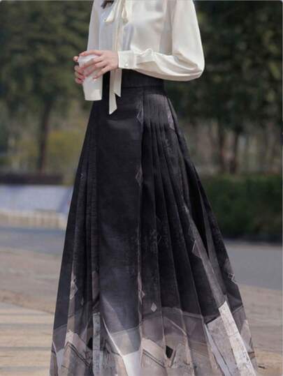 2026 New Year Hanfu | Modernized Chinese Calligraphy Print Pressed-Pleat Horse-Face Skirt - Adjustable Buckle High-Waisted Bottom Skirt