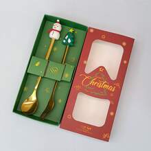 2pcs Christmas Spoon Set, Christmas Gift Tableware, Dessert Spoon & Fork With Santa Claus & Reindeer Figurine - Multicolor - View 12