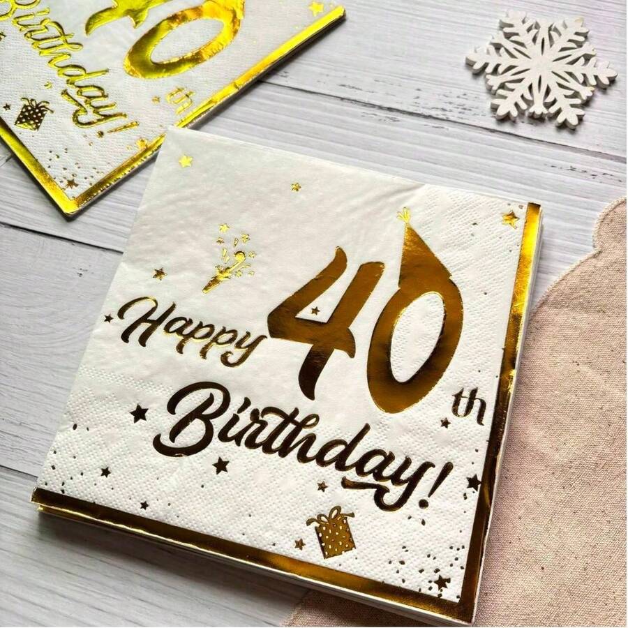 20 Pieces/Pack White 40th Birthday Theme Gold Foil Hat Print Disposable Napkins, Made Of Virgin Wood Pulp Double-Layer Tissue Paper, Suitable For Hotels, Restaurants, Bars, Tableware, Table Settings, Christmas